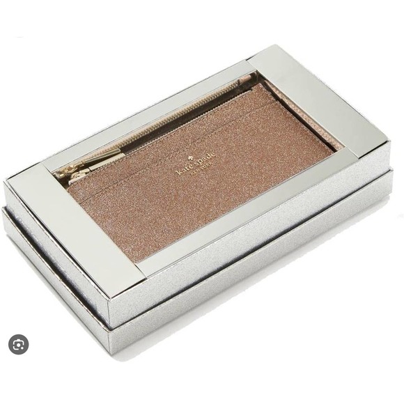 KATE SPADE BOXED LARGE SLIM CARDHOLDER IN ROSE GOLD GLITTER - Picture 7 of 10